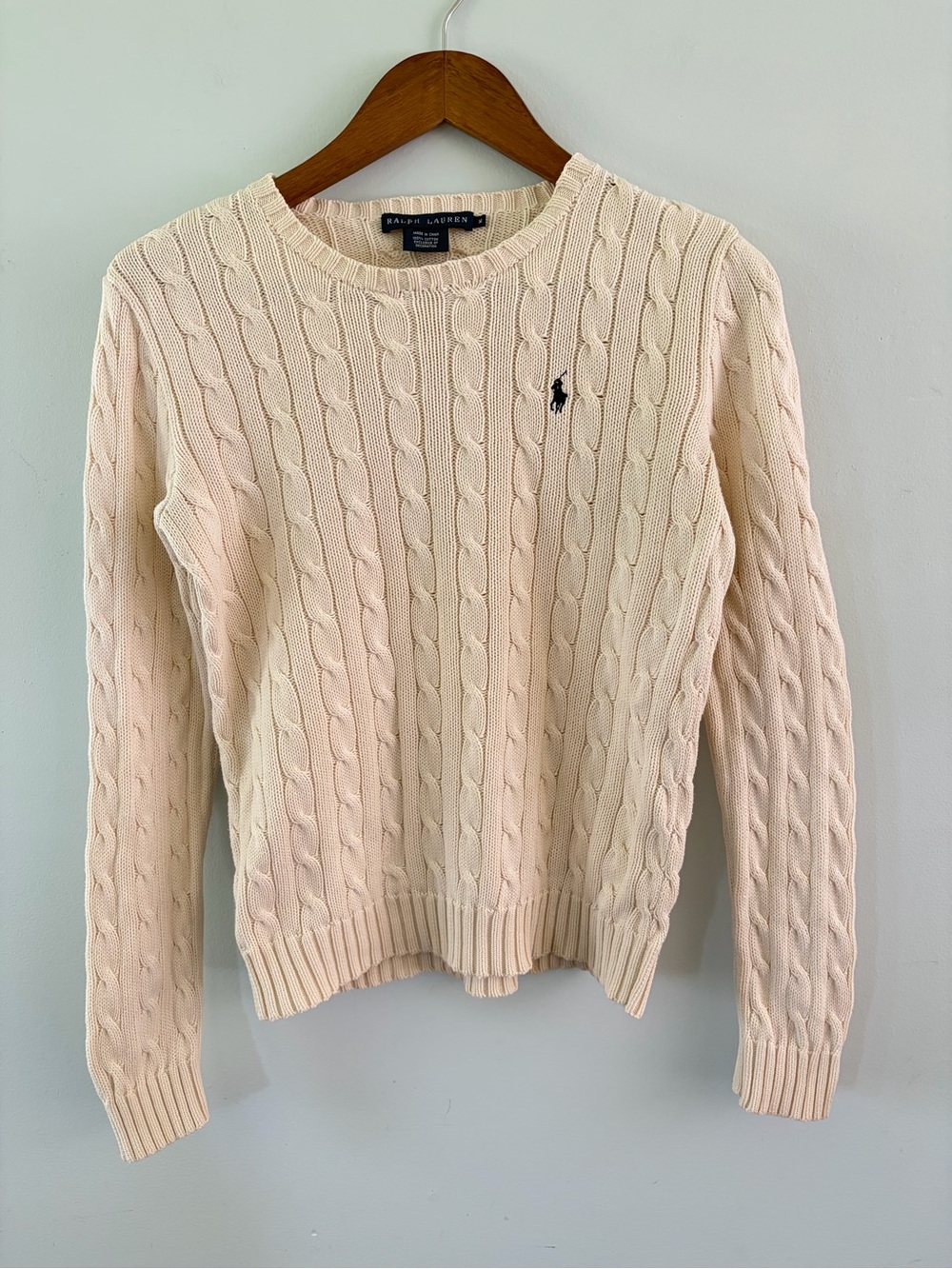 Ralph Lauren Cream Ivory Cotton Cable Knit Classic Fitted Crewneck Sweater